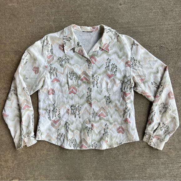 Vintage 90s Pastel Desert Chevron Cactus Button Up Cowgirl Western Shirt - Picture 1 of 10